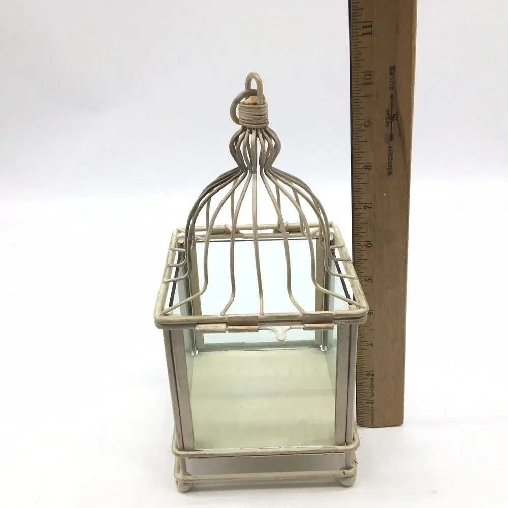 Creamy White Metal Glass Lantern Farmhouse Shabby Chic Candle Holders Terrarium